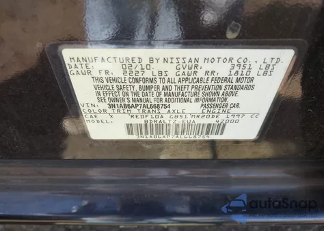 2010 Nissan Sentra 2.0S z USA, uszkodzony, nr VIN 3N1AB6AP7AL668754